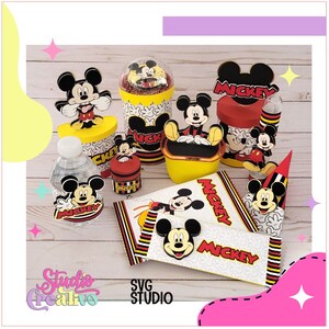 May include: A set of Mickey Mouse party decorations, including a water bottle, candy boxes, a popcorn box, a party hat, and a chocolate bar wrapper. The decorations are all red, yellow, and black with Mickey Mouse's face and the word "Mickey" on them.