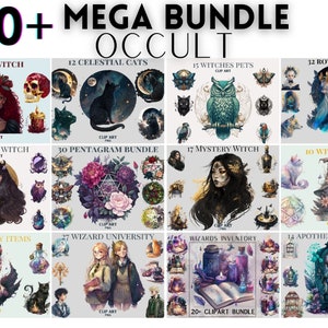 Aquarel CLIPART MEGA BUNDEL, occulte, heksen, hekserij clipart, mystieke clipart, magische clipart, Wicca clipart, zwarte kat, hemelse