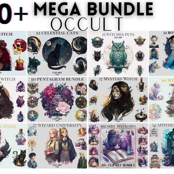 Watercolour CLIPART MEGA BUNDLE, occult, witches, witchcraft clipart, mystical clipart, magic clipart, wiccan clipart, black cat, celestial