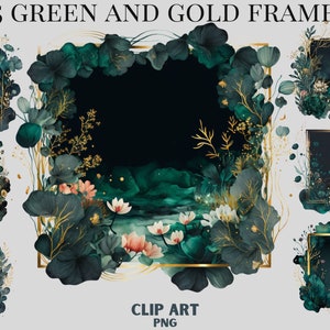May include: 25 green and gold frames featuring floral and foliage designs. The frames are ideal for adding a touch of elegance to your projects. Clip art PNG.