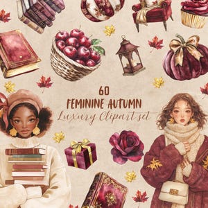 Paquete de imágenes prediseñadas de la Academia de otoño femenina, pegatinas de diario de otoño, libros, Bookworm, Cottagecore, calabaza, descarga digital, uso comercial