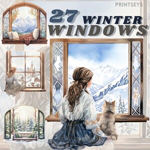 Acogedor paquete de imágenes prediseñadas de Winter Window, diario, vintage rústico, estética, alféizar de ventana, transparente, acogedor invierno, cottagecore, descarga instantánea