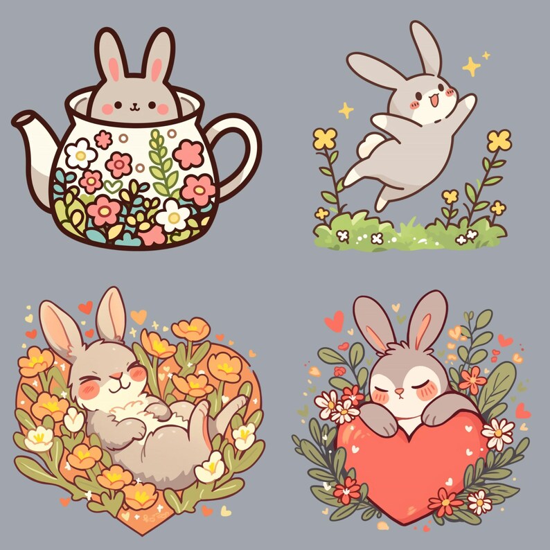Spring Bunnies Digital Stickers, 2D Flat Floral Rabbit Clipart ...