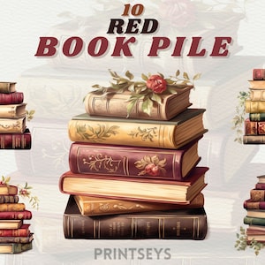 May include: Watercolor illustration of ten stacks of books in various sizes and colors. The books are in shades of red, brown, and gold, with floral accents. The text "10 RED BOOK PILE" is at the top.