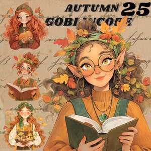 Adesivos digitais de menina goblincore de outono, diário estético de outono, png aconchegante, adesivo caprichoso de fada de casa de campo, transparente, scrapbooking