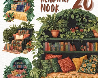 May include: A watercolor illustration of a cozy reading nook with a bookshelf filled with books, a plush couch with pillows, and lush green plants. The text "READING NOOK" is written in large letters above the nook.