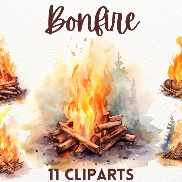 Watercolour Bonfire clipart bundle, midsummer clipart, fire clipart, camping clipart, bonfire png