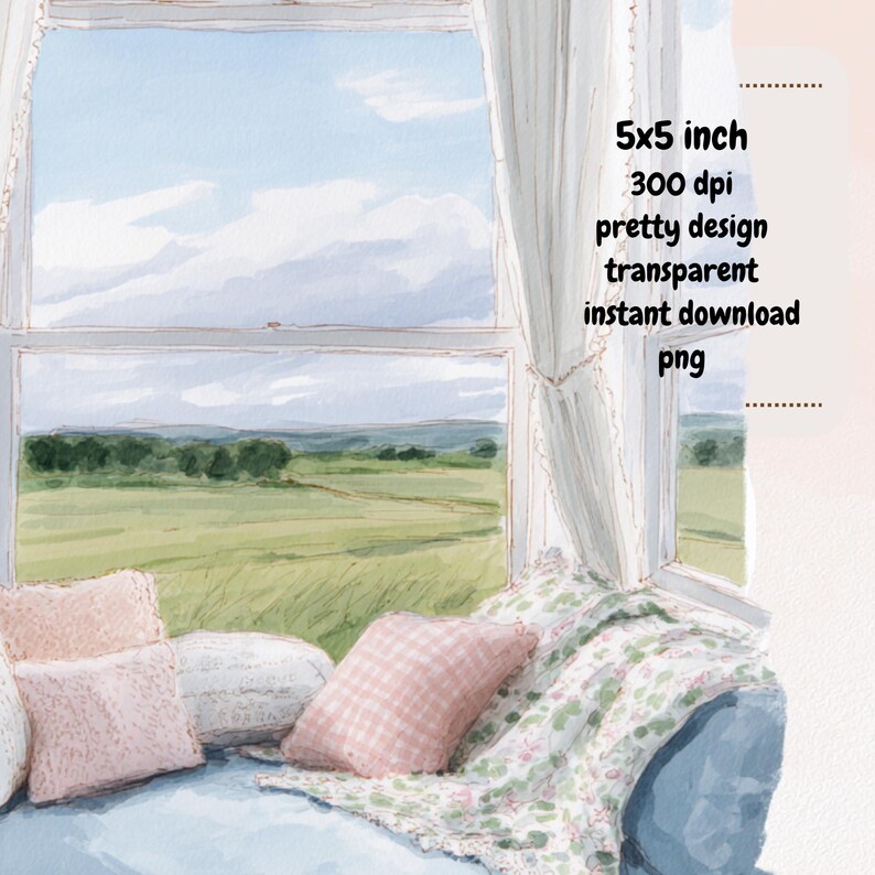 Puede incluir: Acuarela de una ventana con vistas a un campo verde y un cielo azul. La ventana est&aacute; enmarcada por cortinas blancas y una zona de estar acogedora con cojines y una manta floral. Texto en la imagen: 5x5 pulgadas, dise&ntilde;o bonito, transparente, descarga instant&aacute;nea, png.