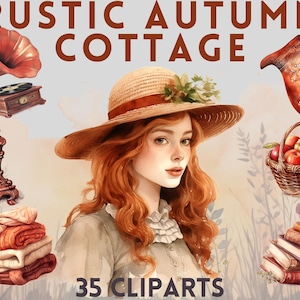Lot de cliparts aquarelle cottage automne rustique, vie au chalet, vie à la ferme, campagne, poulets, vie rustique, cottagecore