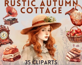 Watercolour Rustic Autumn Cottage Clipart Bundle , Cottage living, farm life, countryside, chickens, rustic living, cottagecore