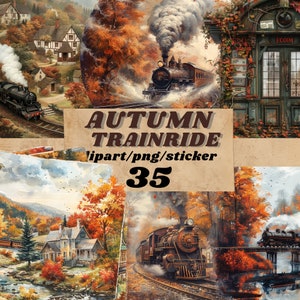 Paquete de imágenes prediseñadas de Acuarela Otoño Trainride, acogedor rincón de lectura de otoño, pegatina digital instantánea, lectura, libros, pegatina de lluvia de cintage de otoño
