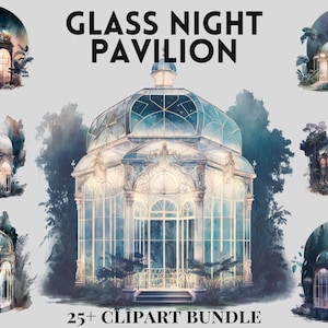 Aquarell Stil Vintage Glaspavillon Clipart Bündel, Nacht Clipart, himmlische Clipart, Scrapbooking, mystisch, Fantasy, Fantasy, Garten Clipart
