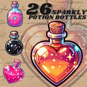 Fantasy Potion Bottles digitale stickers, Wicca clipart journaling, holografische magie png, grillige sticker, transparant, scrapbooking
