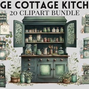 Watercolour Sage Cottagecore Kitchen Clipart Bundle , Cottage living, farm life, countryside, chickens, rustic living, simple, cozy