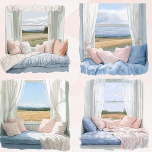 Puede incluir: Ilustraci&oacute;n en acuarela de cuatro asientos de ventana con vistas a un campo. Cada asiento tiene cojines azules, almohadas rosas y blancas y una manta floral. Cortinas blancas enmarcan las ventanas.