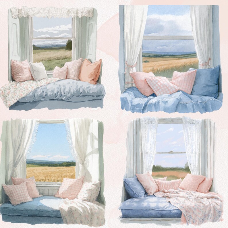 Puede incluir: Ilustraci&oacute;n en acuarela de cuatro asientos de ventana con vistas a un campo. Cada asiento tiene cojines azules, almohadas rosas y blancas y una manta floral. Cortinas blancas enmarcan las ventanas.
