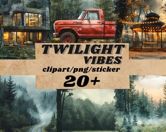 Watercolour Cozy  Rainy Twilight vibes stickers , clipart bundle, gloomy autumn forest , Forks stickers, instant , digital sticker, reading,