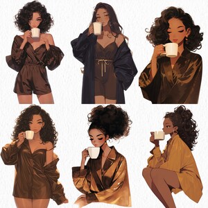 May include: Six illustrations of women with different hairstyles and outfits, each holding a white mug and drinking from it. The women are all depicted in a cartoon style with soft, pastel colors.