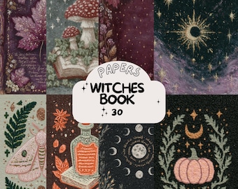 Puede incluir: Un collage de papeles ilustrados con temática de brujas. Los papeles presentan imágenes de setas, hojas, lunas, calabazas y una botella de poción. El texto "PAPERS WITCHES BOOK 30" se muestra en una pancarta blanca.