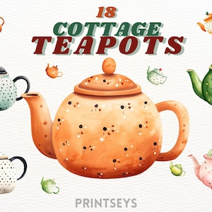 Pacote de clipart de bule com impressão vintage Cottagecore, clipart aconchegante, frio, vibrações de outono, rústico, clipart vintage, chá de ervas, café, álbum de recortes