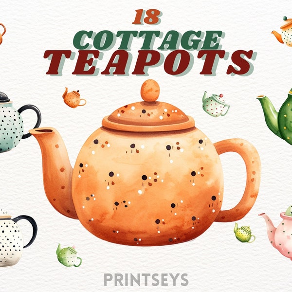 Cottagecore vintage print teapot clipart bundle, cozy clipart, chill, autumn vibes, rustic, vintage clipart, herbal tea,coffee,scrapbooking