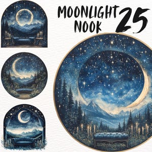Könnte beinhalten: Ein Aquarellbild eines zunehmenden Mondes mit Sternen in einem Nachthimmel. Der Mond befindet sich über einem Wald mit einer blauen Samtbank im Vordergrund. Das Bild trägt den Titel "Moonlight Nook 25".