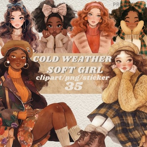 Soft Girl outfit digitale stickers, vrouwelijke herfst winter journaling, romantische girly png, eigenzinnige sticker, transparant, scrapbooking, leesgrage