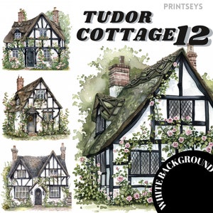 May include: Three watercolor illustrations of Tudor style cottages with thatched roofs, white walls, black timber framing, and climbing roses. The cottages are set against a white background with the text "TUDOR COTTAGE 12" and "WHITE BACKGROUND" in black.