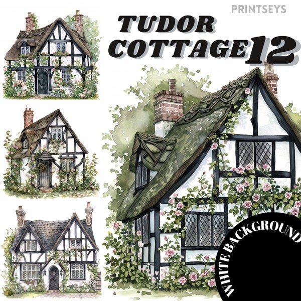 Tudor Cottage Clipart, Old Doors, Printable Watercolor clipart, High Quality JPGs, Digital , Paper craft, junk journals, thatched roof