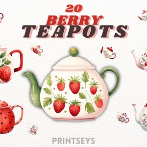 Cottagecore berry print theepot clipart bundel, gezellige clipart, theetijd, herfstvibes, rustiek, vintage clipart, kruidenthee, koffie, scrapbooking
