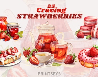 Watercolour Strawberry Dessert clipart bundle, tart, shortcake, panna cotta, pastry, orange jam, eclair clipart strawberry png,berry clipart