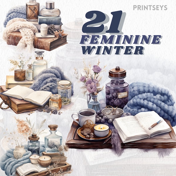 Feminine Winter Clipart Bundle, Journaling, Vintage, Scrapbooking, Kerzen, Blumen, transparent, gemütlicher Winter, Cottagecore, sofort download