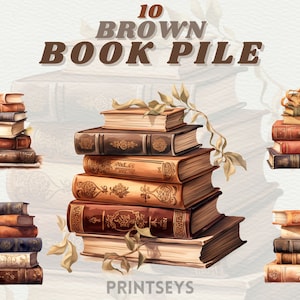Puede incluir: Diez pilas de libros marrones, cada una con diferentes diseños y texturas. Los libros están apilados a diferentes alturas y están dispuestos en una fila. La imagen está titulada "10 BROWN BOOK PILE".