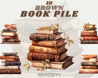 May include: Ten brown book piles, each with different designs and textures. The books are stacked in various heights and are arranged in a row. The image is titled "10 BROWN BOOK PILE".