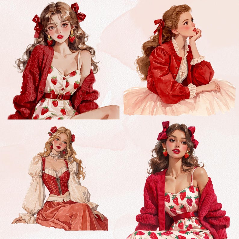 May include: Four illustrations of women in red and white outfits. The outfits include dresses with strawberry patterns, red cardigans, and red bows in their hair. The artwork has a watercolor style with a soft, romantic aesthetic.