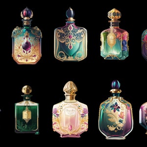 Puede incluir: Una colecci&oacute;n de frascos de perfume ornamentados con dise&ntilde;os intrincados. Los frascos presentan una variedad de colores, incluyendo dorado, verde azulado, rosa y p&uacute;rpura, con tapones decorativos. Los frascos est&aacute;n dispuestos sobre un fondo negro.