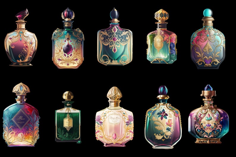Puede incluir: Una colecci&oacute;n de frascos de perfume ornamentados con dise&ntilde;os intrincados. Los frascos presentan una variedad de colores, incluyendo dorado, verde azulado, rosa y p&uacute;rpura, con tapones decorativos. Los frascos est&aacute;n dispuestos sobre un fondo negro.