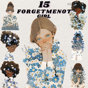 Autocollants numériques de fille de fleur de printemps de ne m'oublier pas, journalisation de clipart de ressort, png de fleur de ressort, autocollant fantaisiste, transparent, scrapbooking
