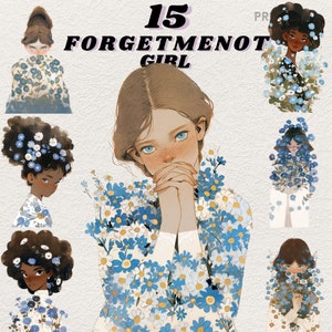 Spring Forget me not Flower Girl digital stickers, spring clipart journaling,spring flower png, whimsical sticker, transparent, scrapbooking