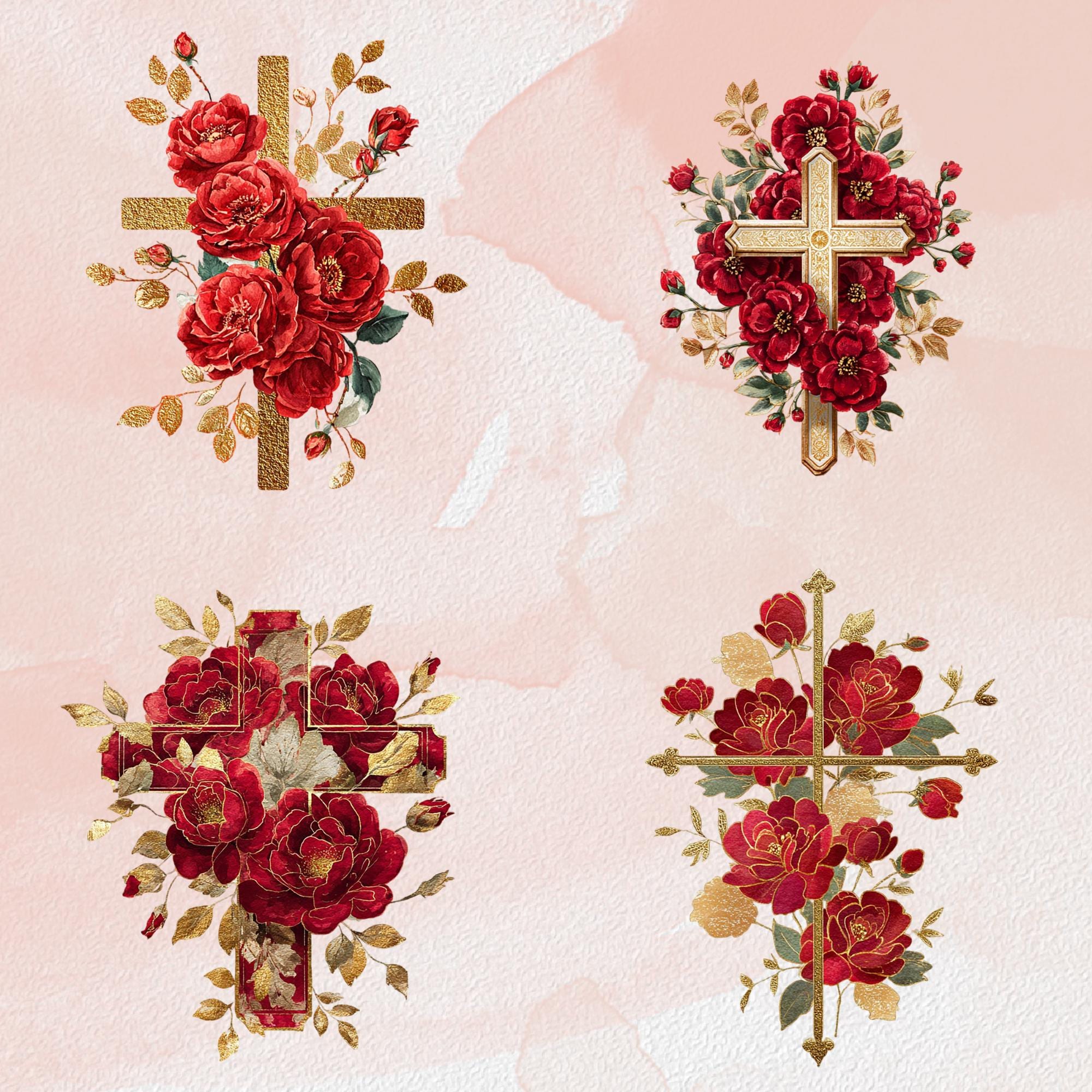 Red Roses Cross Red Rose Cross Decor Set Clipart Bundle Vintage Sticker Set Goodnote ...