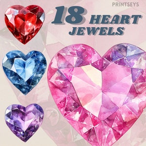 May include: 18 heart-shaped jewels in various colors, including red, blue, and purple. The jewels are painted in a watercolor style, giving them a soft, dreamy look.