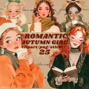 Romantici adesivi digitali autunnali femminili, journaling estetico, png femminile scuro, simpatico adesivo autunnale stravagante, trasparente, scrapbooking,
