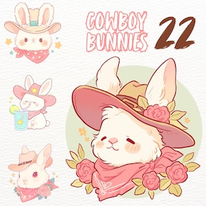 Cowboy Hasen Clipart Set, Land Kaninchen Aufkleber, Kawaii png transparent, sofort Download, Kinderzimmer Kunst, Kinder Pod Grafik
