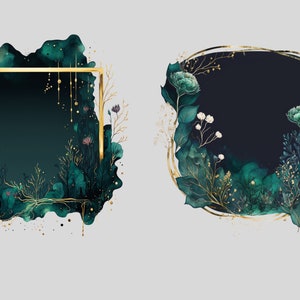 May include: Two gold frames with a dark green watercolor background and gold accents. The frames are decorated with green leaves and flowers.