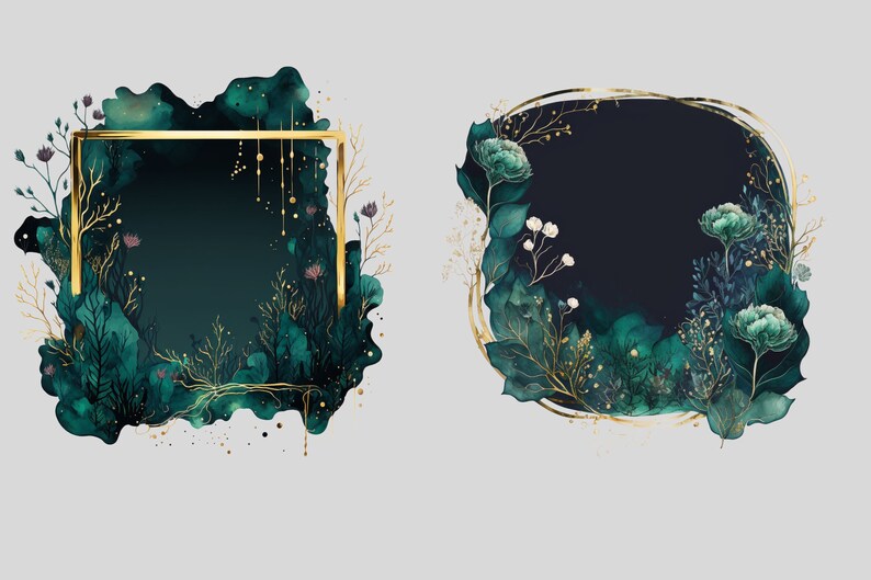 May include: Two gold frames with a dark green watercolor background and gold accents. The frames are decorated with green leaves and flowers.
