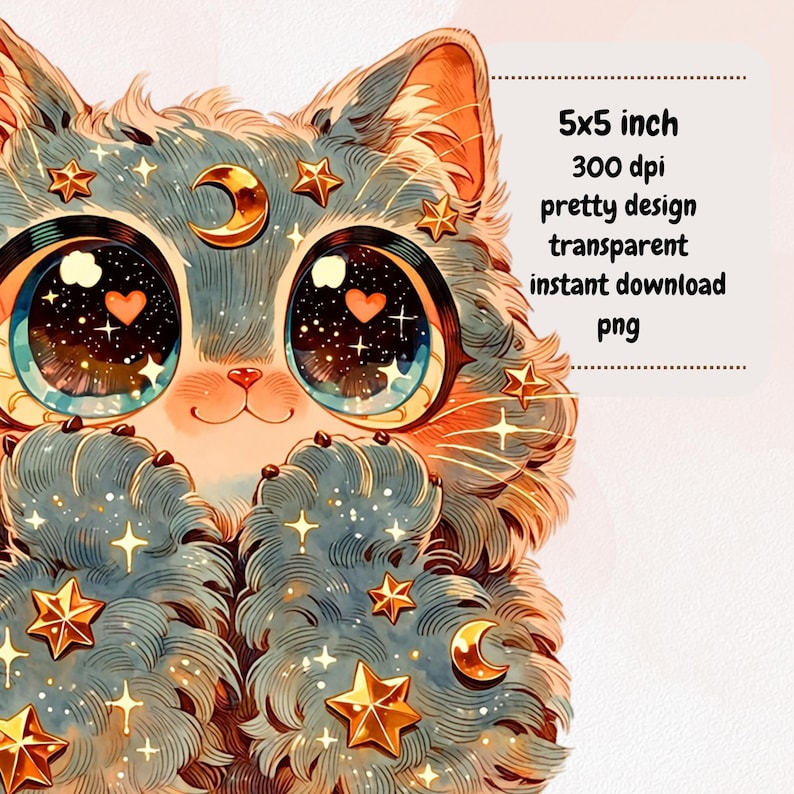 Puede incluir: Ilustraci&oacute;n digital de un lindo gato con ojos grandes y expresivos. El gato est&aacute; adornado con estrellas doradas y lunas crecientes. La imagen incluye el texto: 5x5 pulgadas, 300 ppp, dise&ntilde;o bonito, transparente, descarga instant&aacute;nea, png.