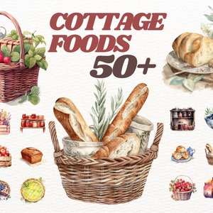 Aquarel Cottagecore Food Clipart Bundle, cottage scrapbboking, rustiek voedsel, taarten, potten jam, rustieke picknick,