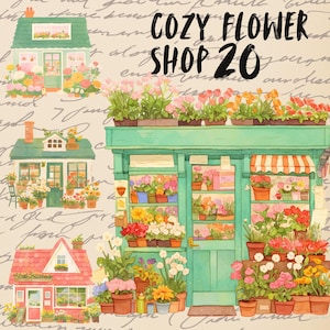 Zestaw akwareli vintage flower shop clipart, flower shop clipart, floral clipart, shop clipart, scrapbooking, naklejka cyfrowa