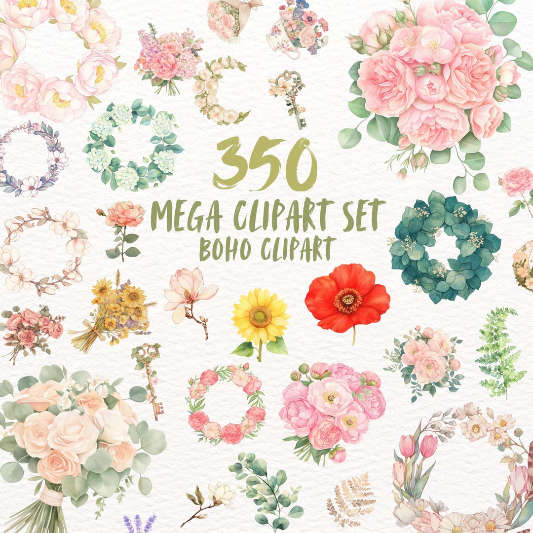 Watercolor Boho Floral Clipart Mega Bundle, Delicate Boho Flower Png ...