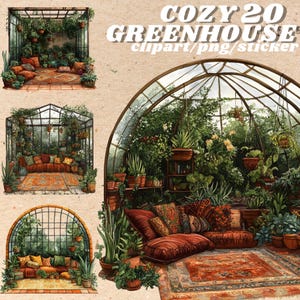 Aquarela Cantinho de leitura aconchegante com estufa, pacote de clipart, canto de leitura em terracota para plantas de casa, instantâneo, adesivo digital, diário de leitura